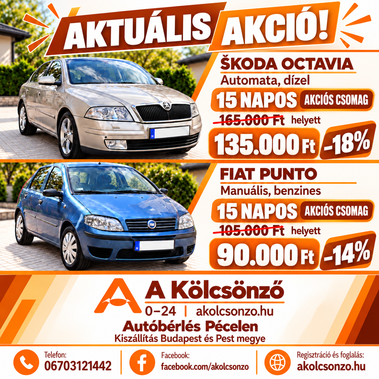 A Kölcsönző 15 napos akciós csomagja: Skoda Octavia 135 000 Ft, Fiat Punto 90 000 Ft. Autóbérlés Pécelen, kiszállítás Budapestre és Pest megyébe.