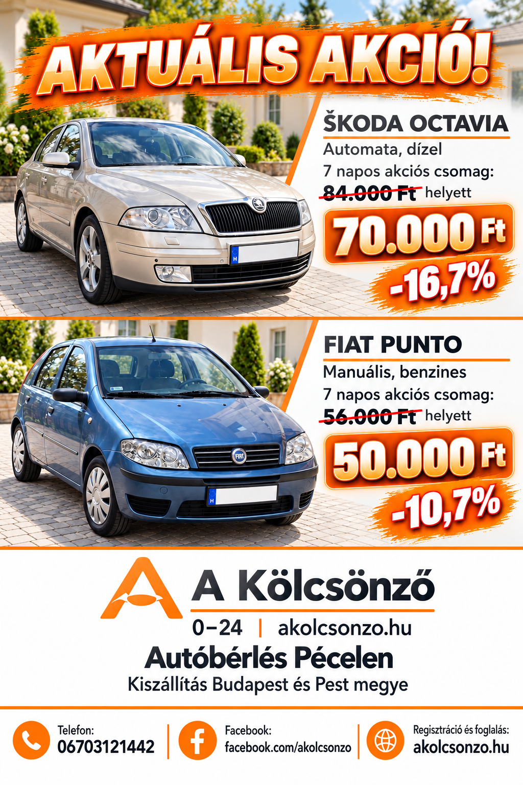 A Kölcsönző 7 napos akciós csomagja: Skoda Octavia 70 000 Ft, Fiat Punto 50 000 Ft. Autóbérlés Pécelen, kiszállítás Budapestre és Pest megyébe.